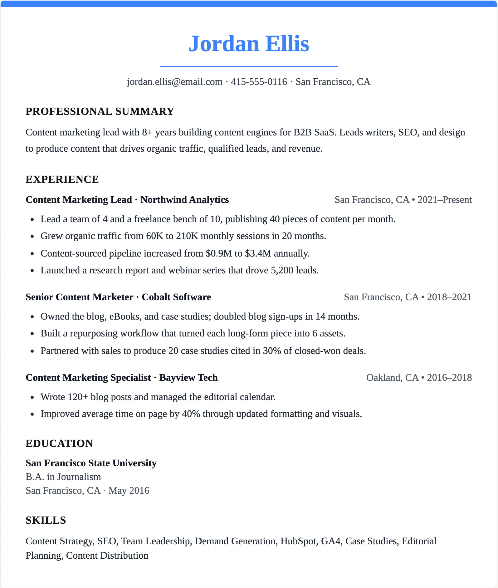Content Marketing Lead Resume Template - ResumeBoostAI