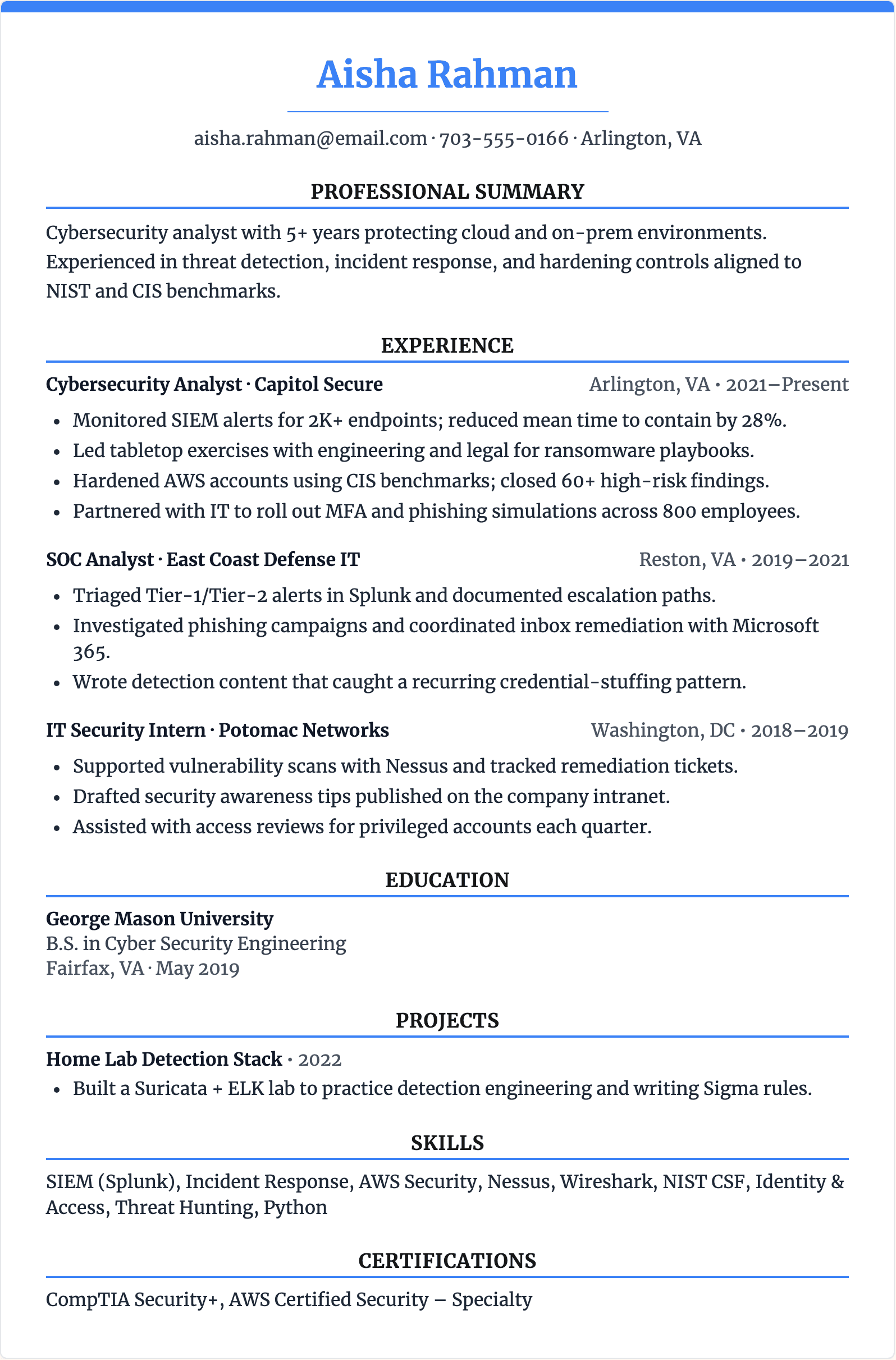cyber security resume