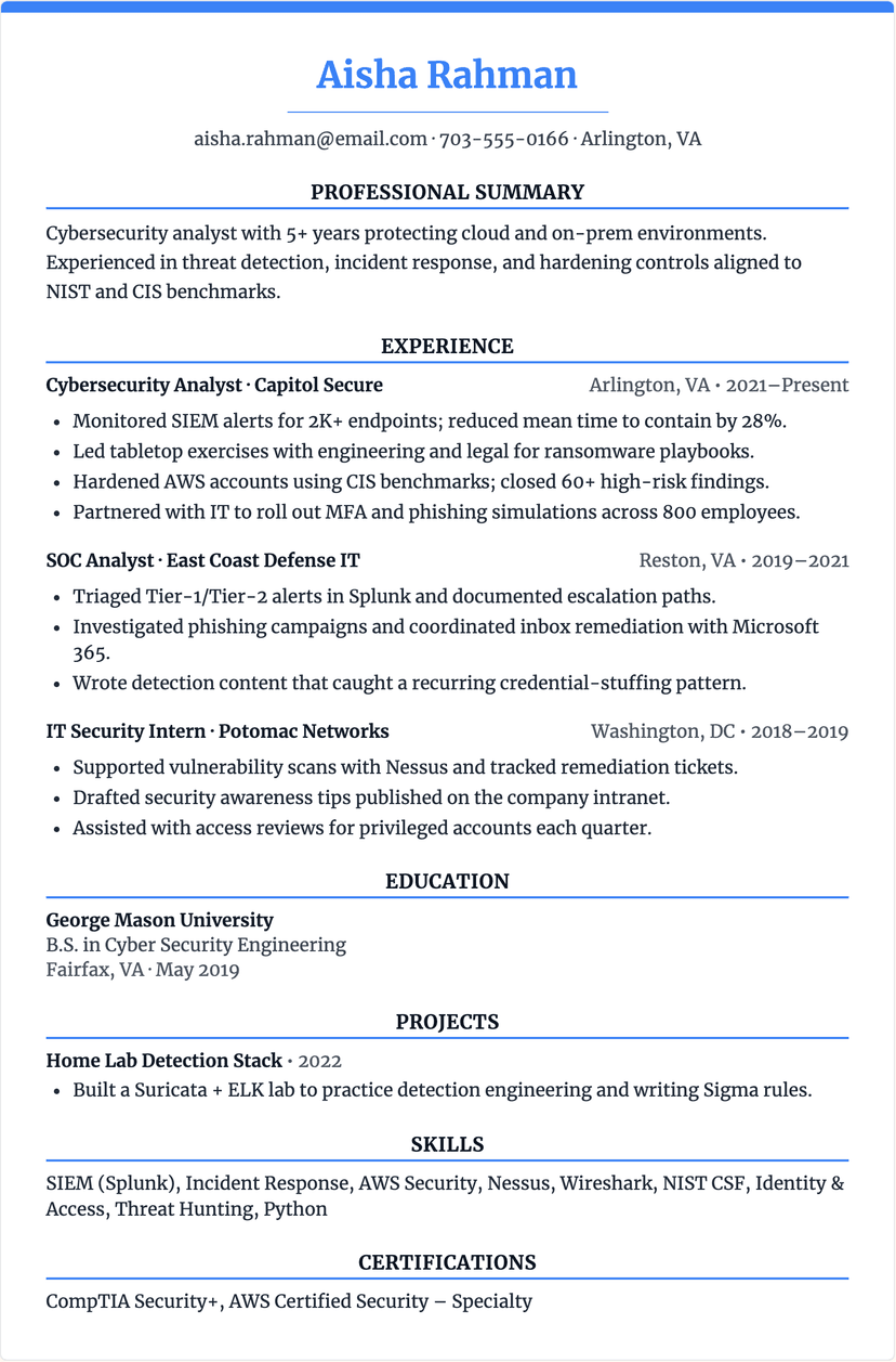 cyber security resume