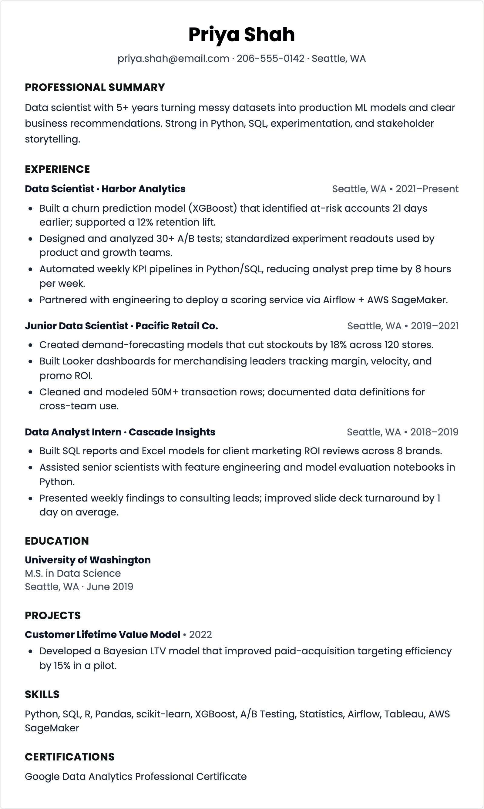 data scientist resume
