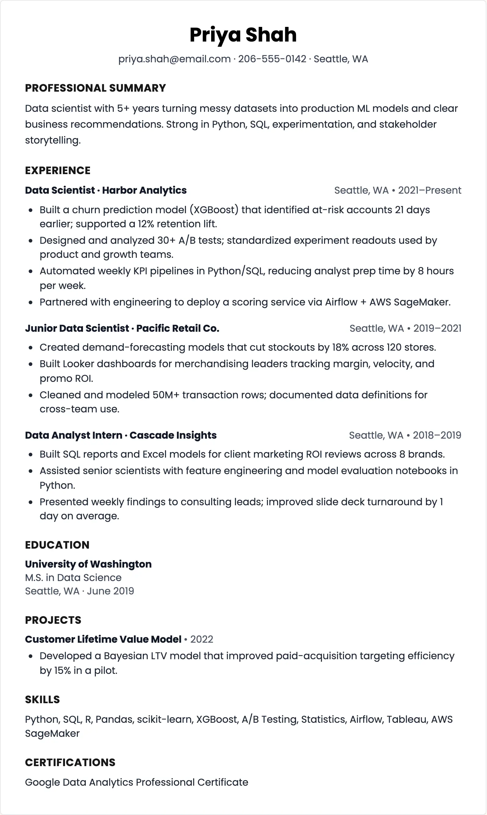 Data Scientist Resume Template - ResumeBoostAI