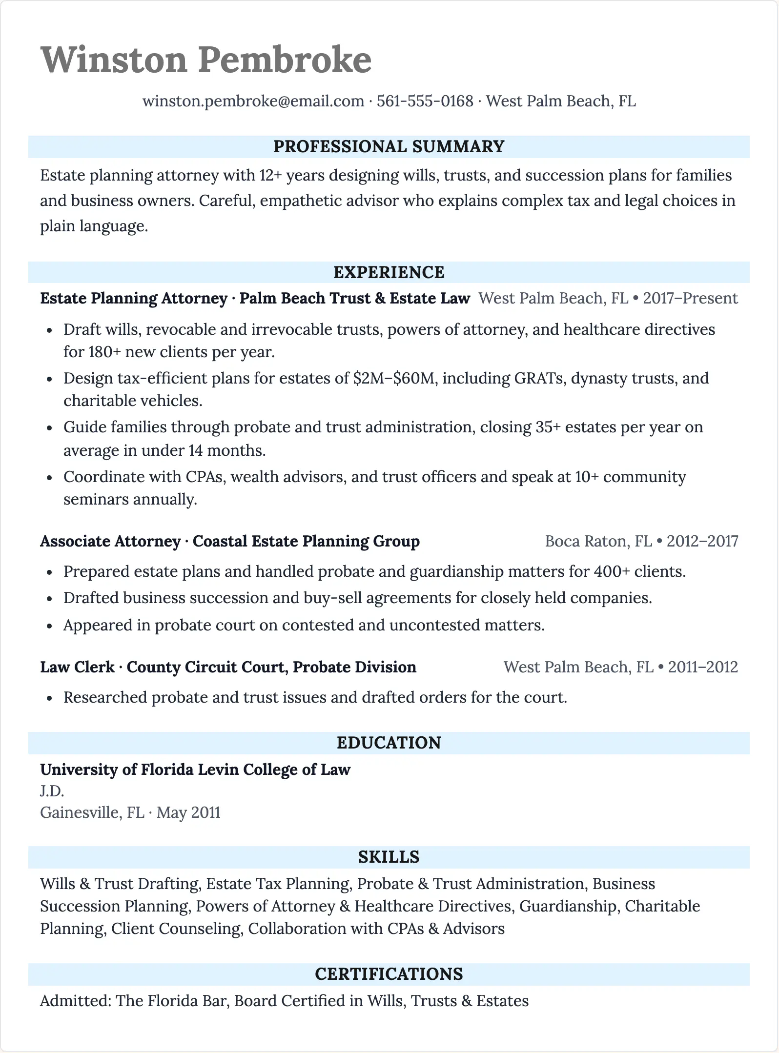 Estate Planning Attorney Resume Template - ResumeBoostAI