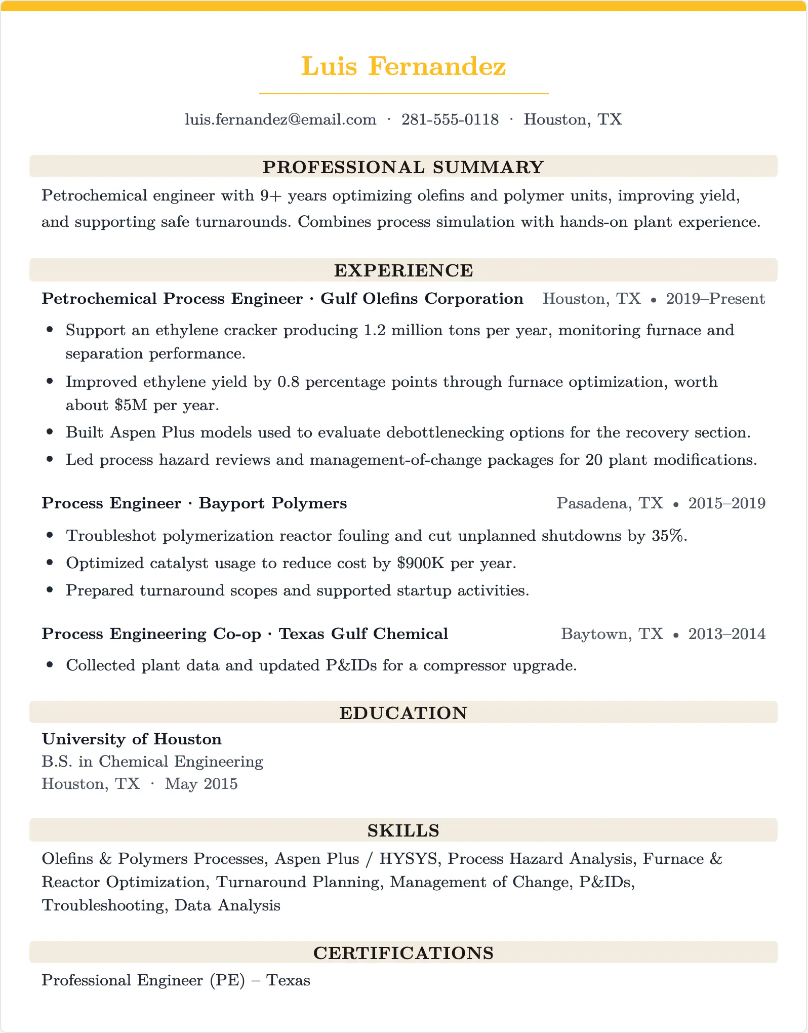 Petrochemical Engineer Resume Template - ResumeBoostAI