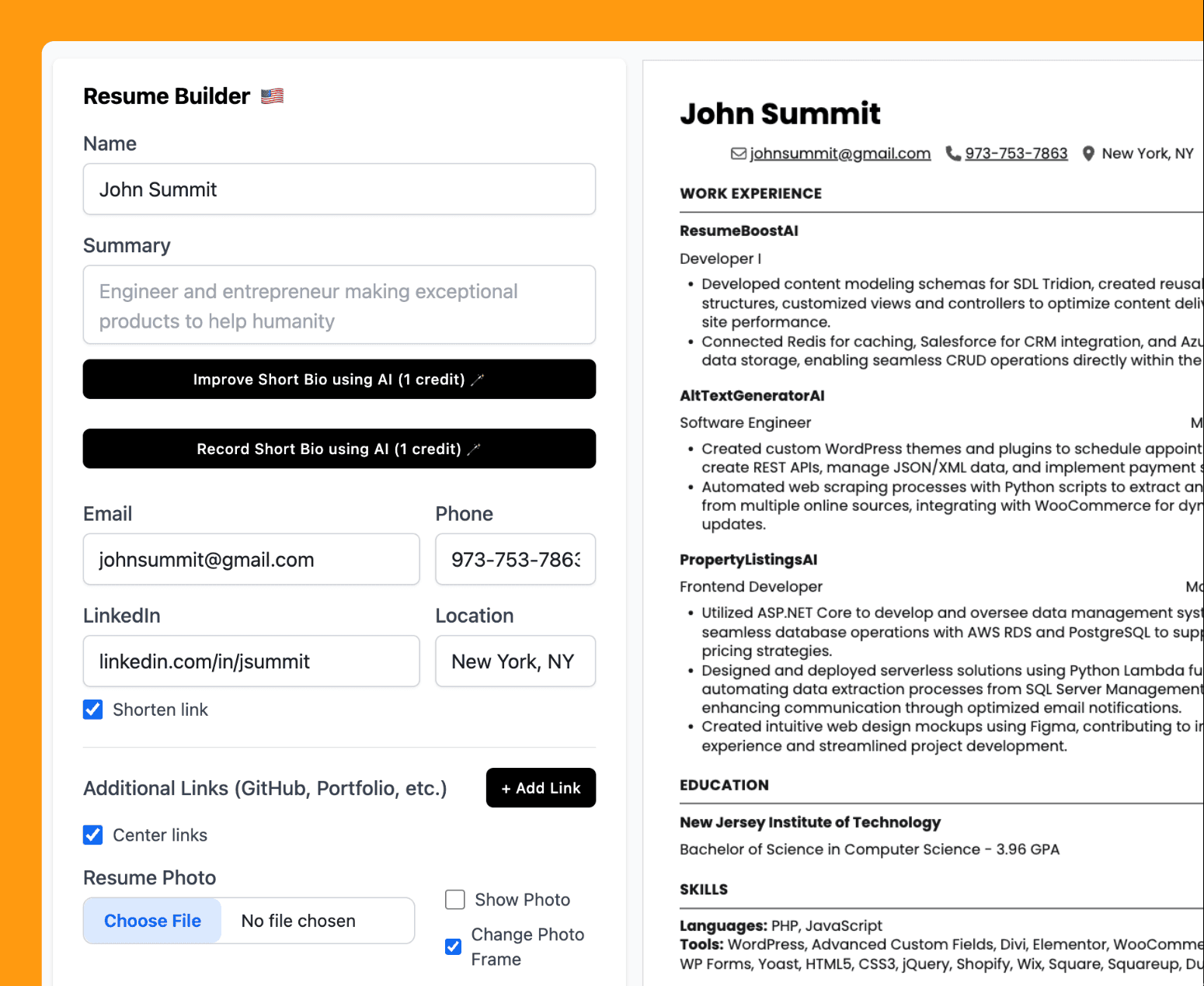 Resume Builder: form on the left and live resume preview on the right