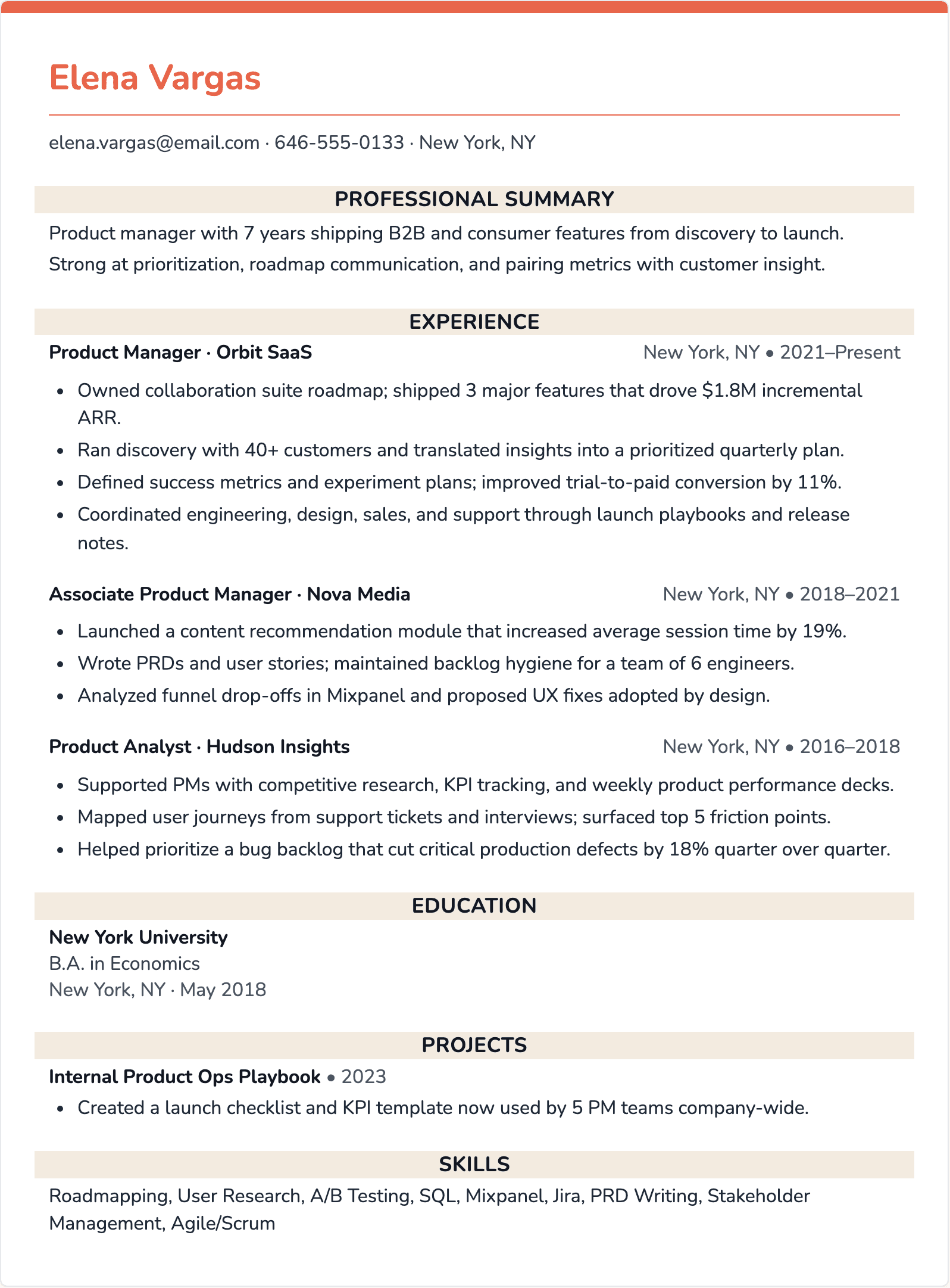 product manager resume